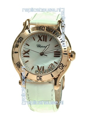Chopard Happy Sport Diamonds Edition Replica Gold Watch in White Strap