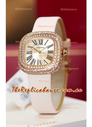 Coussin De Cartier Rose Gold Swiss Replica Watch White Strap 