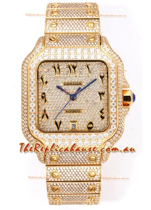 Cartier "Santos De Cartier" Yellow Gold W/ Diamonds Arabic Dial 1:1 Mirror Replica - 40MM - Genuine Diamonds