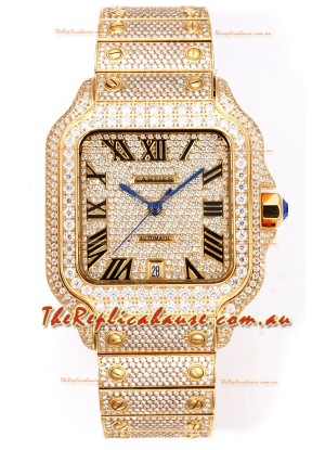 Cartier "Santos De Cartier" Yellow Gold W/ Diamonds Roman Dial 1:1 Mirror Replica - 40MM - Genuine Diamonds