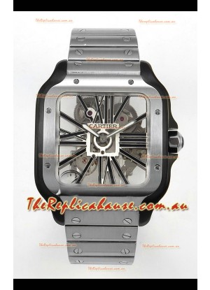 Santos De Cartier Super Clone Watch in Skeleton Dial Brushed DLC Coated Steel Casing Watch 
