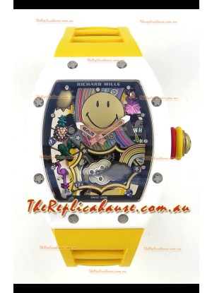 Richard Mille Super Clone RM088 Smiley Tourbillon White Ceramic Rubber Strap Watch 
