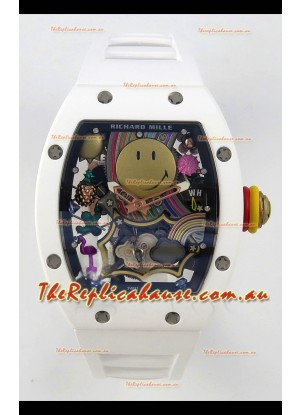 Richard Mille Super Clone RM088 Smiley Tourbillon White Ceramic Rubber Strap Watch 