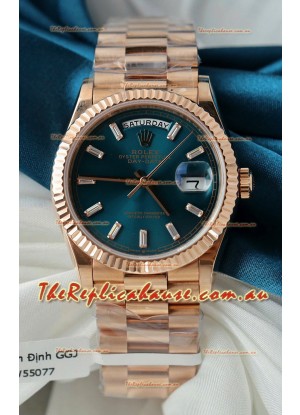 Rolex Day Date Super Clone Rose Gold Blue Dial Crystal Numerals Watch 36MM - 1:1 Mirror Quality