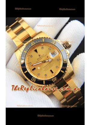 Rolex Submariner Japanese Replica Watch in Yellow Gold Casing Black Bezel