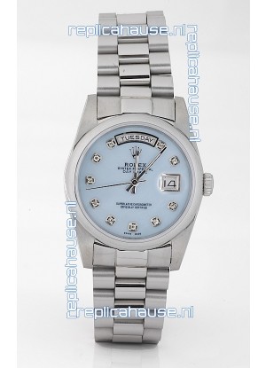 Rolex Day Date Silver Japanese Replica Watch in Mother Of Pearl Blue Dial