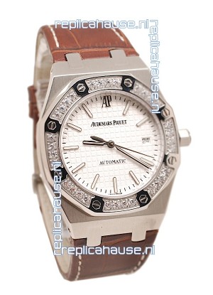 Audemars Piguet Royal Oak Steel Swiss Watch in Brown Leather Strap