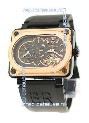 Bell and Ross BR Minuteur Tourbillon Japanese Replica Gold Watch in Black Dial