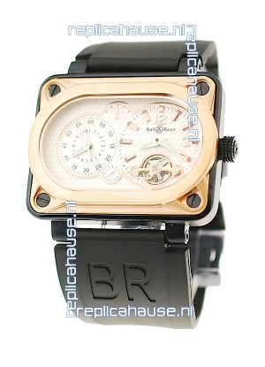 Bell and Ross BR Minuteur Tourbillon Japanese Replica Gold Watch in White Dial