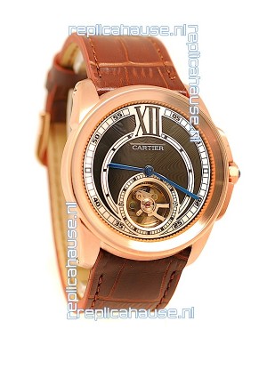 Calibre de Cartier Flying Tourbillon Japanese Replica Rose Gold Watch in Black Dial