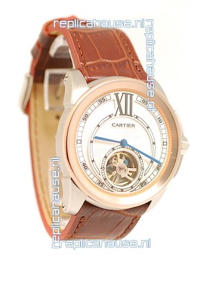 Calibre de Cartier Flying Tourbillon Japanese Replica Rose Gold Watch 
