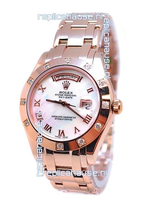 Rolex Day Date White Mother of Pearl Japanese Replica Watch in Roman Markers