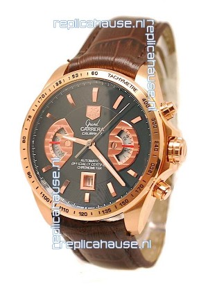 Tag Heuer Grand Carrera Japanese Replica Gold Watch in Black Dial