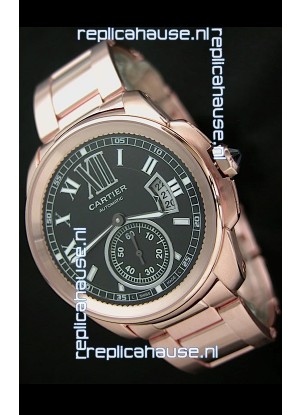Calibre De Cartier Japanese Automatic Replica Rose Gold Watch in Black Dial