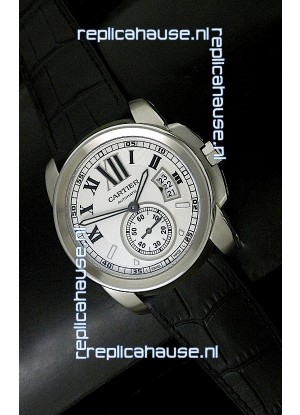 Cartier Calibre de Japanese Replica Steel Watch in Black Leather Strap