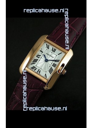 Cartier Louis Japanese Replica Ladies Rose Gold Watch in Red Wine Strap