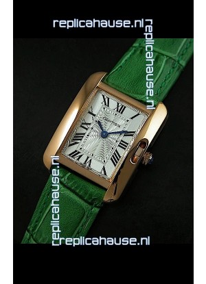 Cartier Louis Japanese Replica Ladies Rose Gold Watch in Green Strap