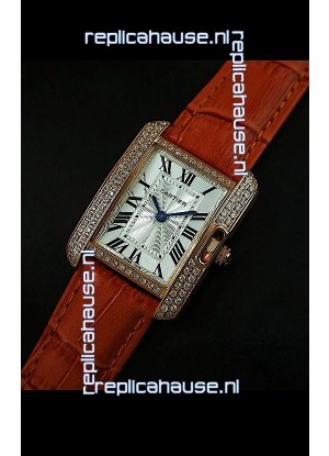 Cartier Louis Japanese Replica Ladies Rose Gold Diamond Watch in Orange Strap