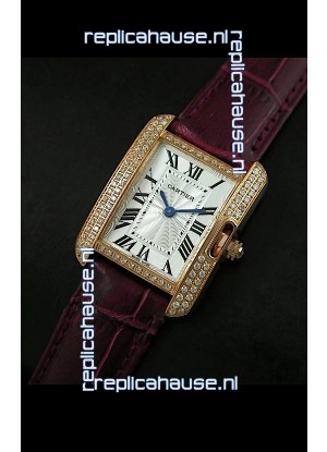 Cartier Louis Japanese Replica Ladies Rose Gold Diamond Watch in Purple Strap