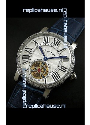 Cartier Ronde de Tourbillon Japanese Replica Diamond Watch in Blue Strap