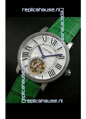 Cartier Ronde de Tourbillon Japanese Replica Diamond Watch in Green Strap