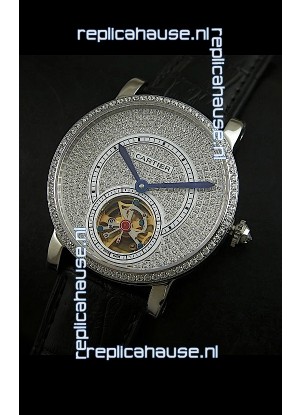 Cartier Ronde de Tourbillon Japanese Replica Diamond Watch in Black Strap