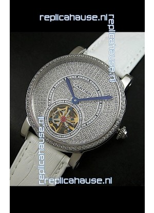 Cartier Ronde de Tourbillon Japanese Replica Diamond Watch in White Strap