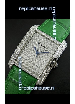 Cartier Tank Anglaise Ladies Replica Watch in Steel/Green Strap