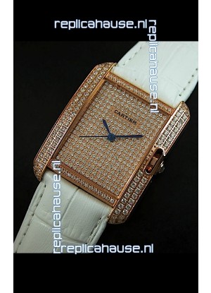 Cartier Tank Anglaise Ladies Replica Watch in Gold Case/White Strap