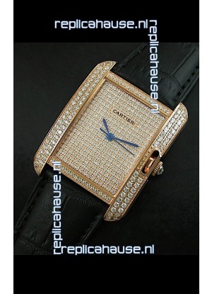 Cartier Tank Anglaise Ladies Replica Watch in Gold Case/Black Strap