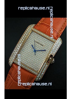 Cartier Tank Anglaise Ladies Replica Watch in Gold Case/Brown Strap