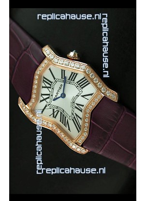 Cartier Tank Folle Ladies Replica Watch in Yellow Gold Case/Maroon Strap