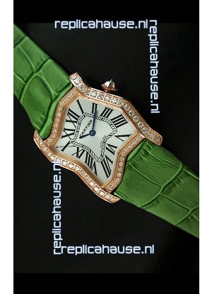 Cartier Tank Folle Ladies Replica Watch in Yellow Gold Case/Green Strap