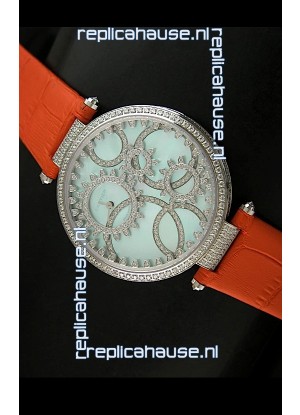Cartier Replica Watch with Diamonds Embedded Dial Bezel in Steel Case/Orange Strap