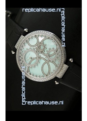 Cartier Replica Watch with Diamonds Embedded Dial Bezel in Steel Case/Black Strap