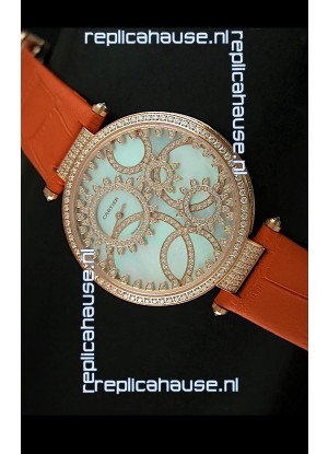 Cartier Replica Watch with Diamonds Embedded Dial Bezel in Gold Case/Orange Strap