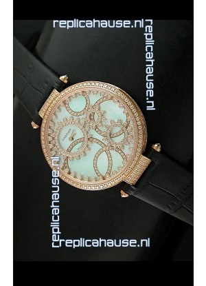 Cartier Replica Watch with Diamonds Embedded Dial Bezel in Gold Case/Black Strap
