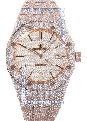 Audemars Piguet Royal Oak 15400 Iced Out Stick Markers Dial in Rose Gold Casing Swiss Replica Watch