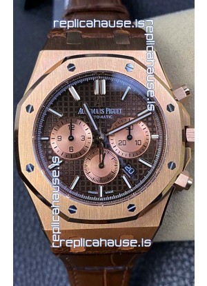 Audemars Piguet Royal Oak Chronograph Rose Gold Brown Dial Leather Strap Swiss Replica Watch