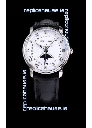 Blancpain "Villeret Quantième Complet" 904L Steel Swiss Watch in White Dial
