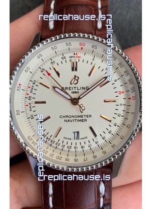 Breitling Navitimer 1 Automatic Swiss Replica Watch in White Dial - Brown Leather Strap