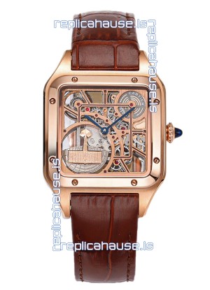Cartier Santos Dumont Skeleton Rose Gold Watch in Brown Leather Strap 43.5MM