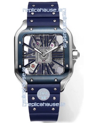 Santos De Cartier Watch in Skeleton Dial - Stainless Steel Casing Rubber Strap
