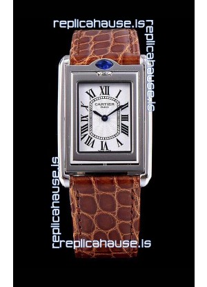Cartier Tank Reversible Swiss Quartz Replica Watch in Steel Casing - Brown Strap