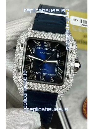 Santos De Cartier Watch in Blue Dial 39.50MM MOSSANITES Paved Bezel Swiss Replica Watch