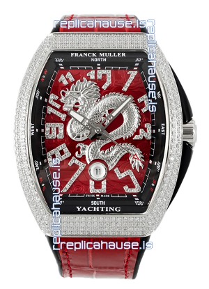 Franck Muller Vanguard Yachting Dragon V45 Red Dial in Gold Diamonds Bezel Swiss Replica