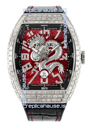 Franck Muller Vanguard Yachting Dragon V45 Red Dial in Square Diamonds Bezel Swiss Replica
