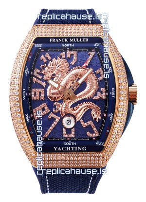 Franck Muller Vanguard Yachting Dragon V45 Blue Dial in Gold Diamonds Bezel Swiss Replica