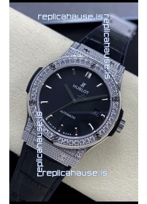 Hublot Classic Fusion Stainless Steel Diamonds Black Dial Swiss Replica Watch 1:1 Mirror Quality