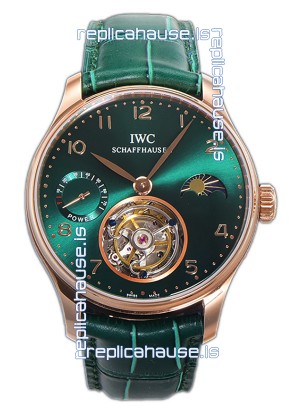 IWC Portugese Hand-Wound Genuine Tourbillon Green Dial Rose Gold Casing Swiss Replica Watch 
